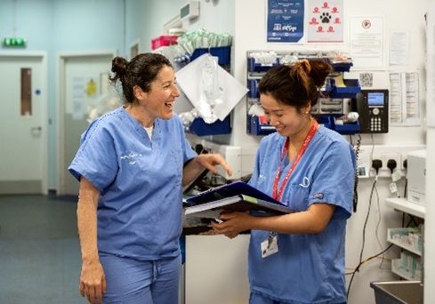 2 medical staff in scrubs laughing together in a surgical area